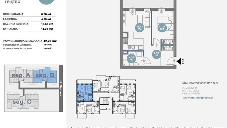 Rzut - Mieszkanie na sprzedaż 2 pokoje o powierzchni 42,27 m² - numer B1.4 w Nowy Radzionków