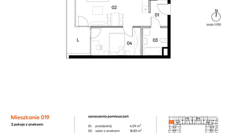 Rzut - Mieszkanie na sprzedaż 2 pokoje o powierzchni 38,67 m² - numer A019 w Miasto Polskich Mistrzów Olimpijskich