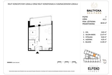 Rzut - Mieszkanie na sprzedaż 2 pokoje o powierzchni 38,94 m² - numer A.2.5 w Bałtycka Sea Park