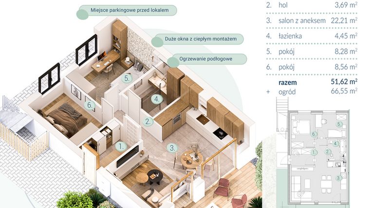 Rzut - Mieszkanie na sprzedaż 3 pokoje o powierzchni 51,62 m² - numer A.1.1 w Enklawa