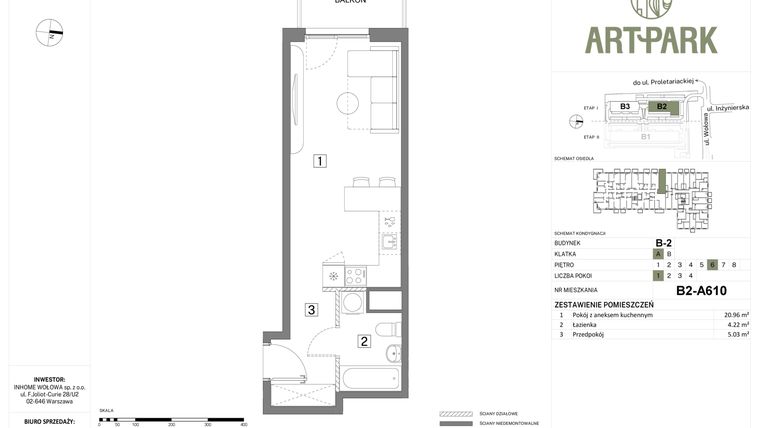 Rzut - Mieszkanie na sprzedaż 1 pokój o powierzchni 30,21 m² - numer B.2.A610 w Inhome Osiedle ArtPark etap I
