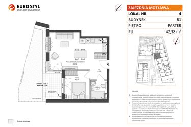 Rzut - Mieszkanie na sprzedaż 2 pokoje o powierzchni 42,38 m² - numer B1.4 w Zajezdnia Motława