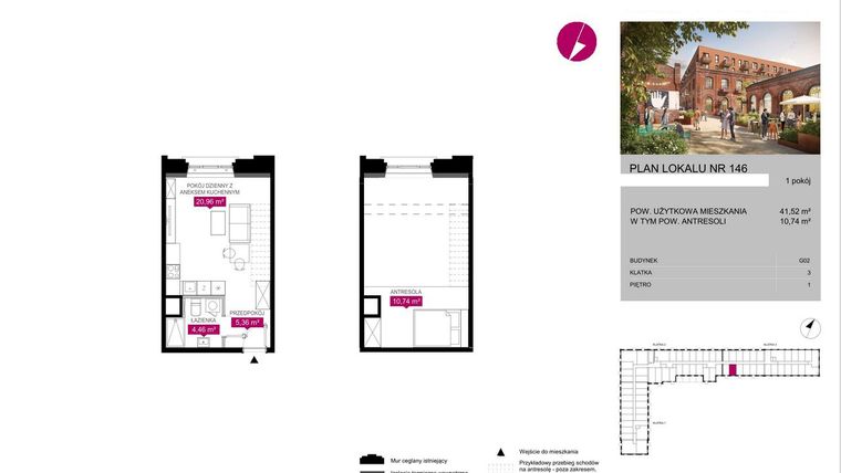 Rzut - Mieszkanie na sprzedaż 1 pokój o powierzchni 41,52 m² - numer G2.146 w Fuzja Lofty
