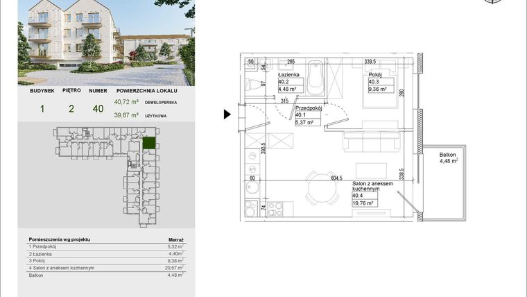 Rzut - Mieszkanie na sprzedaż 2 pokoje o powierzchni 39,67 m² - numer A40 w Aleja Mickiewicza