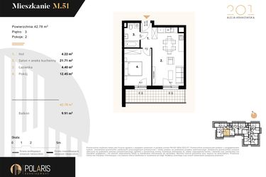 Rzut - Mieszkanie na sprzedaż 2 pokoje o powierzchni 42,78 m² - numer M51 w Aleja Krakowska 201