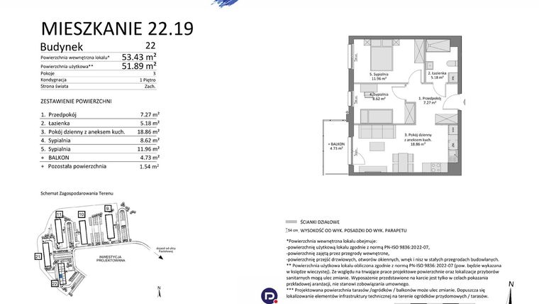 Rzut - Mieszkanie na sprzedaż 3 pokoje o powierzchni 51,89 m² - numer 22.19 w Osiedle Pastelowe etap IV