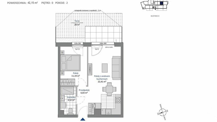 Rzut - Mieszkanie na sprzedaż 2 pokoje o powierzchni 42,15 m² - numer D.0.5 w Nowa Dąbrowa bud. DE