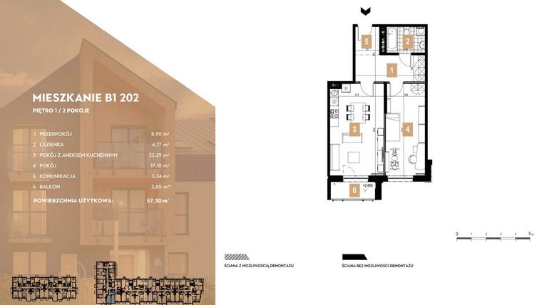 Rzut - Mieszkanie na sprzedaż 2 pokoje o powierzchni 57,3 m² - numer B1.202 w MOTTO Wojnów