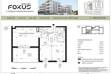 Rzut - Mieszkanie na sprzedaż 3 pokoje o powierzchni 57,7 m² - numer B2-21 w Fokus Bielany