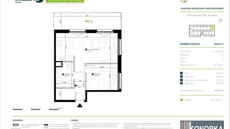Rzut - Mieszkanie na sprzedaż 2 pokoje o powierzchni 44,33 m² - numer AA0111 w Vivre