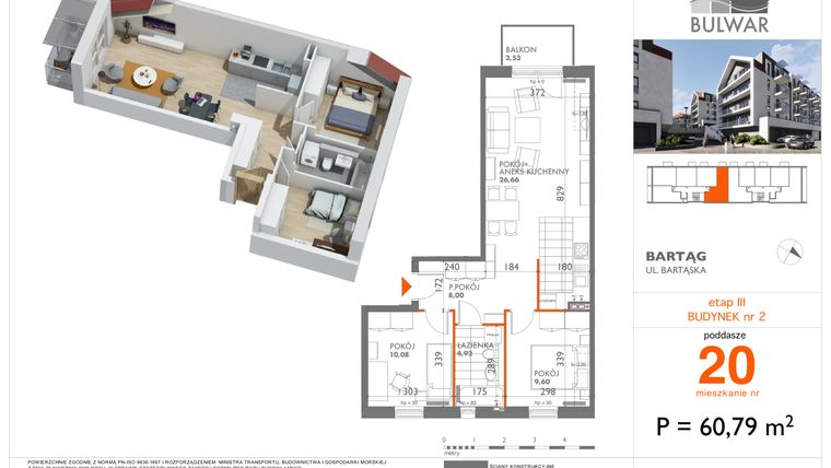 Rzut - Mieszkanie na sprzedaż 3 pokoje o powierzchni 60,79 m² - numer 20 w Bulwar bud. 2