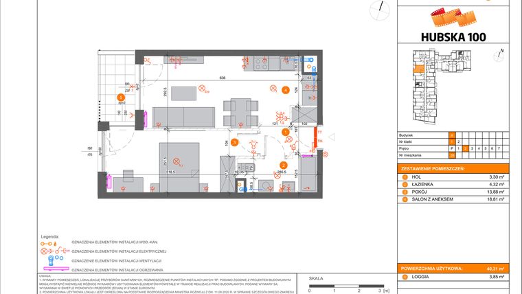 Rzut - Mieszkanie na sprzedaż 2 pokoje o powierzchni 40,31 m² - numer 26 w Hubska 100 etap 2