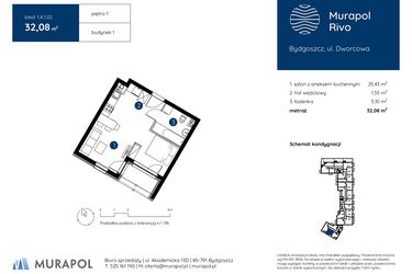 Rzut - Mieszkanie na sprzedaż 1 pokój o powierzchni 32,08 m² - numer 1.A.1.02 w Murapol Rivo