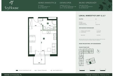 Rzut - Mieszkanie na sprzedaż 1 pokój o powierzchni 36,35 m² - numer C.3.7 w IVY HOUSE - Apartamenty inwestycyjne
