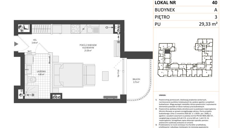 Rzut - Mieszkanie na sprzedaż 1 pokój o powierzchni 29,41 m² - numer A.40 w Esencja