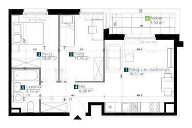 Rzut - Mieszkanie na sprzedaż 3 pokoje o powierzchni 52,86 m² - numer AB0104 w M Bemowo 3