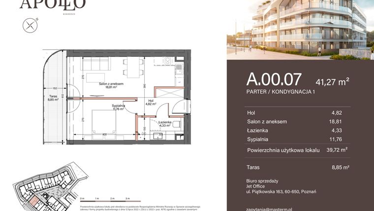 Rzut - Mieszkanie na sprzedaż 2 pokoje o powierzchni 39,72 m² - numer A.0.07 w Apollo Residence