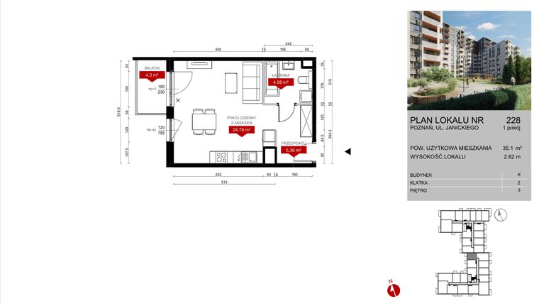 Rzut - Mieszkanie na sprzedaż 1 pokój o powierzchni 35,1 m² - numer K.228 w Wieża Jeżyce etap V