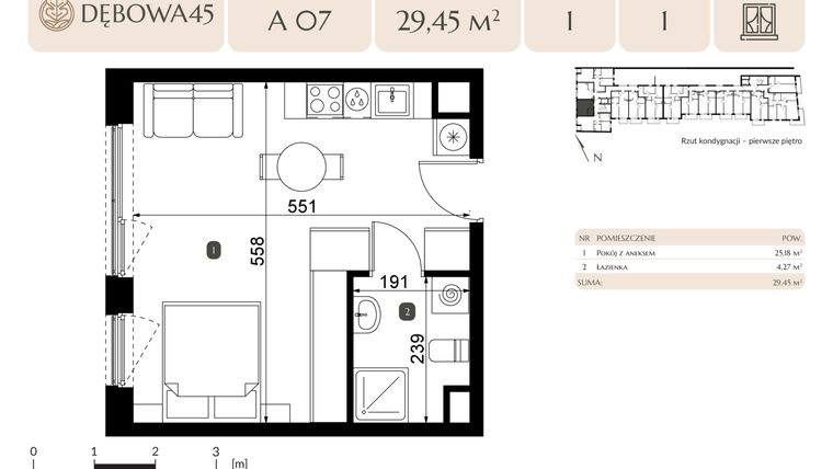 Rzut - Mieszkanie na sprzedaż 1 pokój o powierzchni 29,45 m² - numer A.07 w Dębowa 45