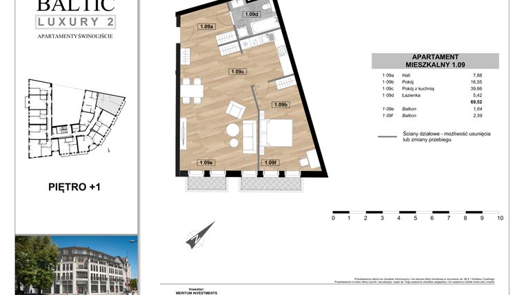 Rzut - Mieszkanie na sprzedaż 2 pokoje o powierzchni 69,52 m² - numer 1.09 w Baltic Luxury 2