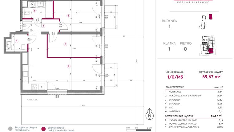 Rzut - Mieszkanie na sprzedaż 3 pokoje o powierzchni 69,67 m² - numer 1/0/M5 w Lechicka 65