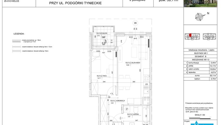 Rzut - Mieszkanie na sprzedaż 2 pokoje o powierzchni 39,11 m² - numer B13 w Podgórki Tynieckie