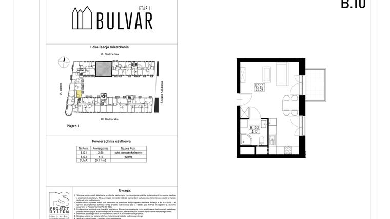 Rzut - Mieszkanie na sprzedaż 1 pokój o powierzchni 29,71 m² - numer B10 w Bulvar etap II