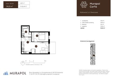 Rzut - Mieszkanie na sprzedaż 2 pokoje o powierzchni 39,23 m² - numer 2.B.1.04 w Murapol Corfa