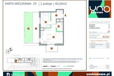 Rzut - Mieszkanie na sprzedaż 2 pokoje o powierzchni 40,26 m² - numer 29 w UNO Bemowo