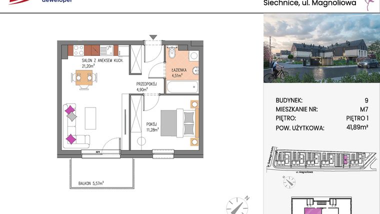 Rzut - Mieszkanie na sprzedaż 2 pokoje o powierzchni 41,89 m² - numer Bud.9-7 w Willa Magnolia