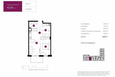 Rzut - Mieszkanie na sprzedaż 2 pokoje o powierzchni 43,86 m² - numer 1.B.5.03 w Murapol Urcity