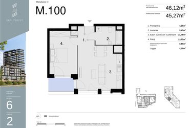 Rzut - Mieszkanie na sprzedaż 2 pokoje o powierzchni 46,12 m² - numer M100 w Sky Trust etap II