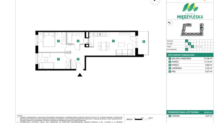 Rzut - Mieszkanie na sprzedaż 3 pokoje o powierzchni 52,62 m² - numer 31 w Osiedle Międzyleska - etap II