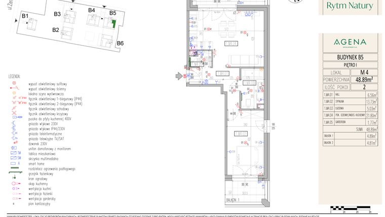 Rzut - Mieszkanie na sprzedaż 2 pokoje o powierzchni 48,89 m² - numer B5M4 w Rytm Natury