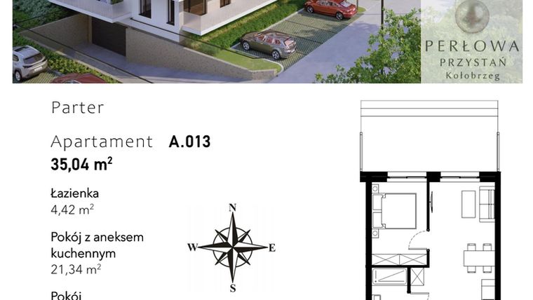 Rzut - Mieszkanie na sprzedaż 2 pokoje o powierzchni 35,04 m² - numer A.013 w Perłowa Przystań - Kołobrzeg - etap II