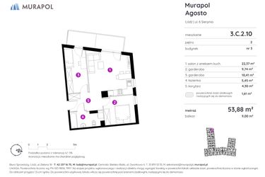 Rzut - Mieszkanie na sprzedaż 1 pokój o powierzchni 53,88 m² - numer 3.C.2.10 w Murapol Agosto