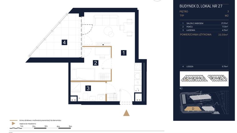 Rzut - Mieszkanie na sprzedaż 1 pokój o powierzchni 33,59 m² - numer D27 w Rezydencja Zegrze etap III