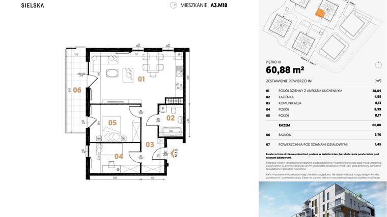 Rzut - Mieszkanie na sprzedaż 3 pokoje o powierzchni 60,78 m² - numer A3.M18 w JA_SIELSKA II