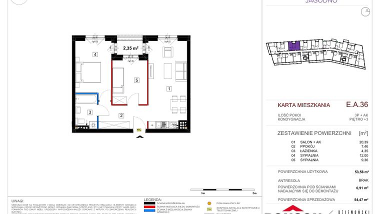 Rzut - Mieszkanie na sprzedaż 3 pokoje o powierzchni 53,83 m² - numer EA_36 w Viva Jagodno etap III