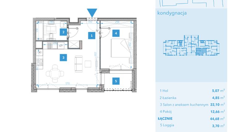 Rzut - Mieszkanie na sprzedaż 2 pokoje o powierzchni 44,68 m² - numer 34 w Apartamenty Macadamia