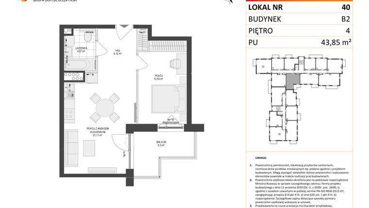 Rzut - Mieszkanie na sprzedaż 2 pokoje o powierzchni 43,85 m² - numer 40 w Locus 2 bud. B2