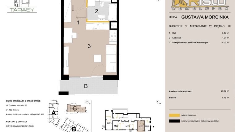 Rzut - Mieszkanie na sprzedaż 1 pokój o powierzchni 25,52 m² - numer C20 w Krzesławickie Tarasy