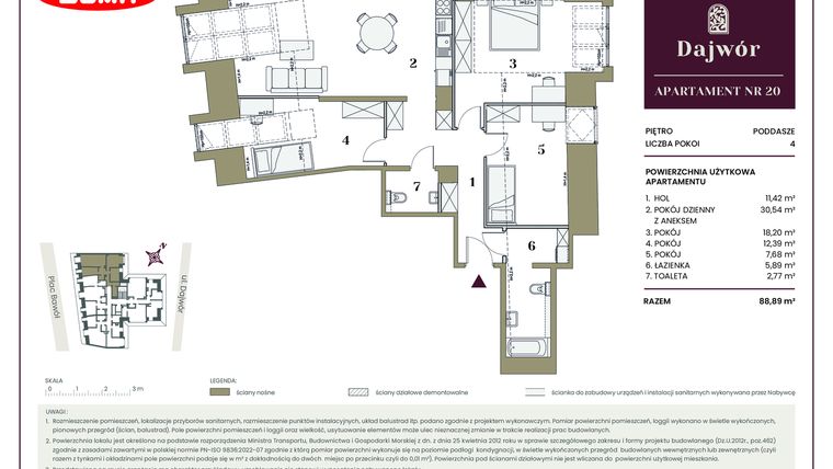 Rzut - Mieszkanie na sprzedaż 4 pokoje o powierzchni 88,89 m² - numer 20 w Dajwór