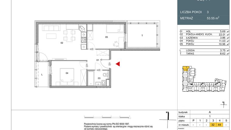 Rzut - Mieszkanie na sprzedaż 2 pokoje o powierzchni 53,55 m² - numer 32 w Morwowa 5
