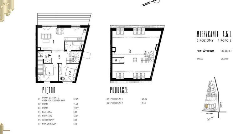 Rzut - Mieszkanie na sprzedaż 5 pokoi o powierzchni 126,07 m² - numer A.5.1 w Positivo Ołtaszyn