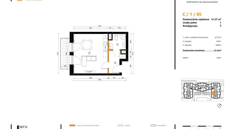 Rzut - Mieszkanie na sprzedaż 1 pokój o powierzchni 31,37 m² - numer C.1.05 w SPOT