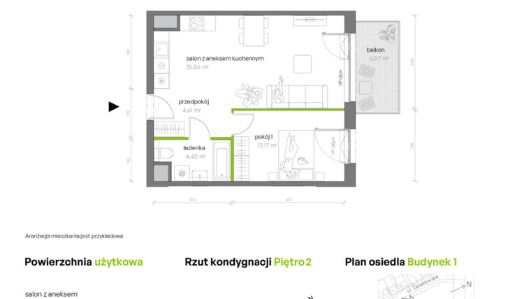 Rzut - Mieszkanie na sprzedaż 2 pokoje o powierzchni 47,07 m² - numer 1.02.M26 w Morska Vita