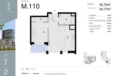 Rzut - Mieszkanie na sprzedaż 2 pokoje o powierzchni 45,7 m² - numer M110 w Sky Trust etap II