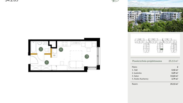 Rzut - Mieszkanie na sprzedaż 1 pokój o powierzchni 25,13 m² - numer S4.2.05 w Ogrody Julianów