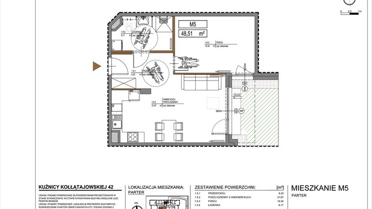Rzut - Mieszkanie na sprzedaż 2 pokoje o powierzchni 48,51 m² - numer M5 w Kuźnicy Kołłątajowskiej 42